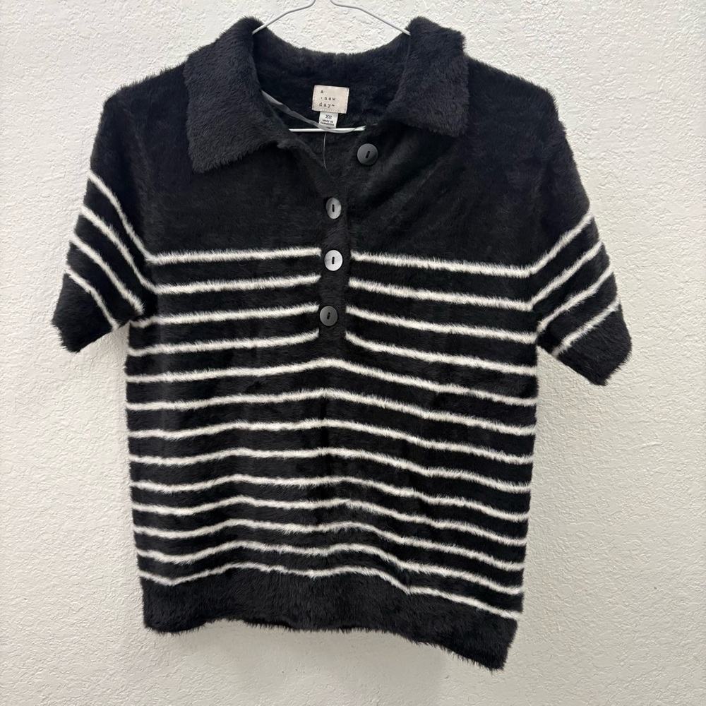 A New Day fuzzy striped polo sweater black white